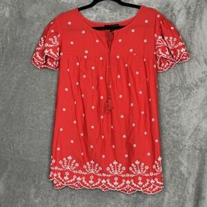 Lane Bryant 16 XL Top Shirt Red Floral Short Cap Sleeve Keyhole Round Neck Knit